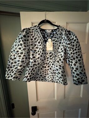 Ganni Light Blue and Black Leopard Jacquard Cropped Blazer